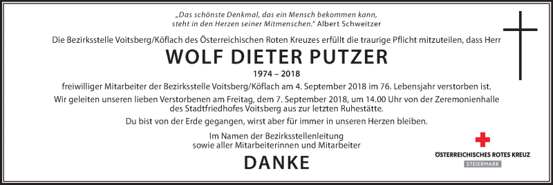  Traueranzeige für Wolf Dieter Putzer vom 07.09.2018 aus Kleine Zeitung