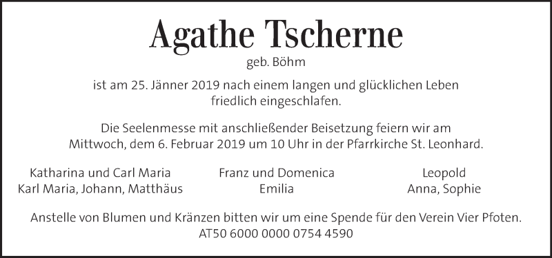  Traueranzeige für Agathe Tscherne  vom 30.01.2019 aus Kleine Zeitung