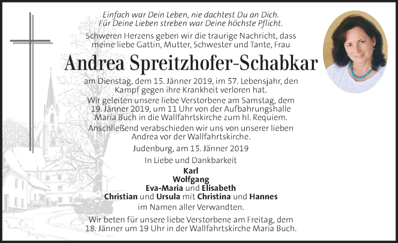  Traueranzeige für Andrea Spreitzhofer-Schabkar vom 17.01.2019 aus Kleine Zeitung