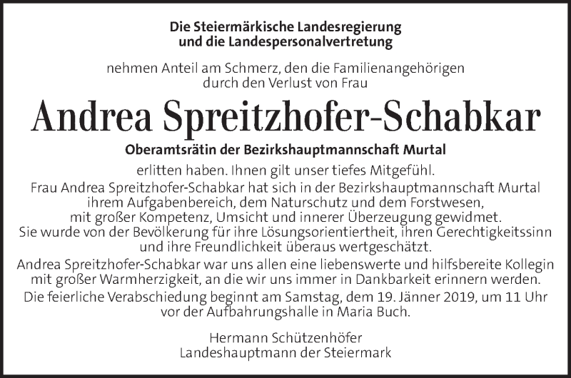  Traueranzeige für Andrea Spreitzhofer-Schabkar vom 18.01.2019 aus Kleine Zeitung
