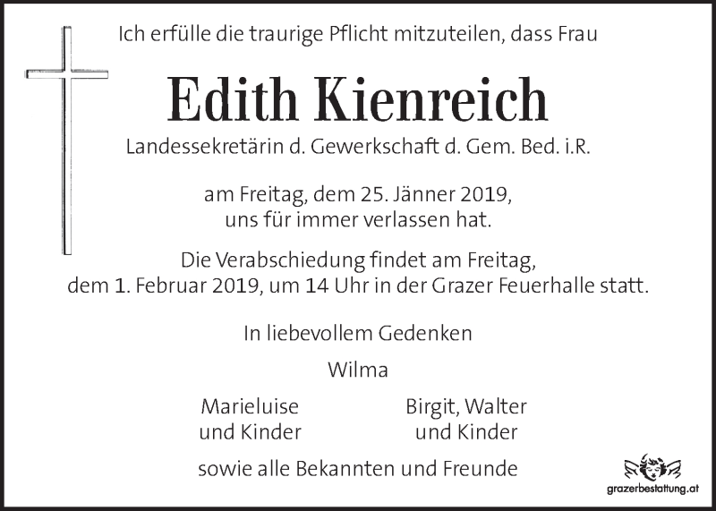  Traueranzeige für Edith Kienreich  vom 30.01.2019 aus Kleine Zeitung