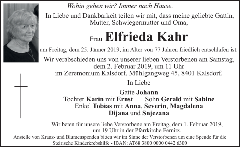  Traueranzeige für Elfrieda Kahr vom 29.01.2019 aus Kleine Zeitung