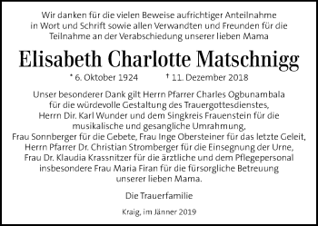 Traueranzeige von Elisabeth Charlotte Matschnigg von Kleine Zeitung