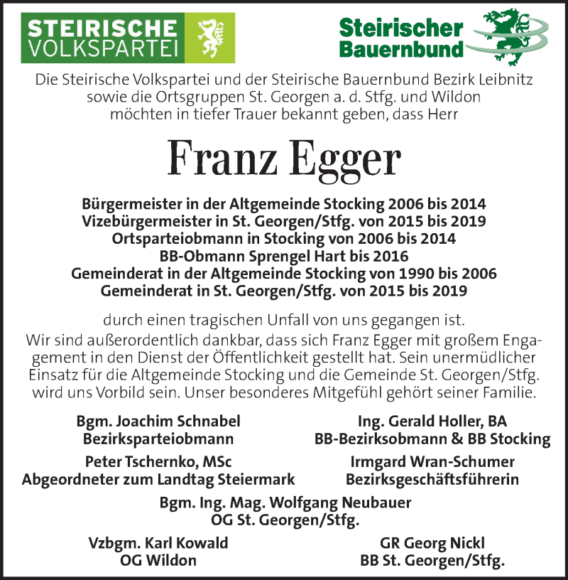  Traueranzeige für Franz Egger vom 24.01.2019 aus Kleine Zeitung