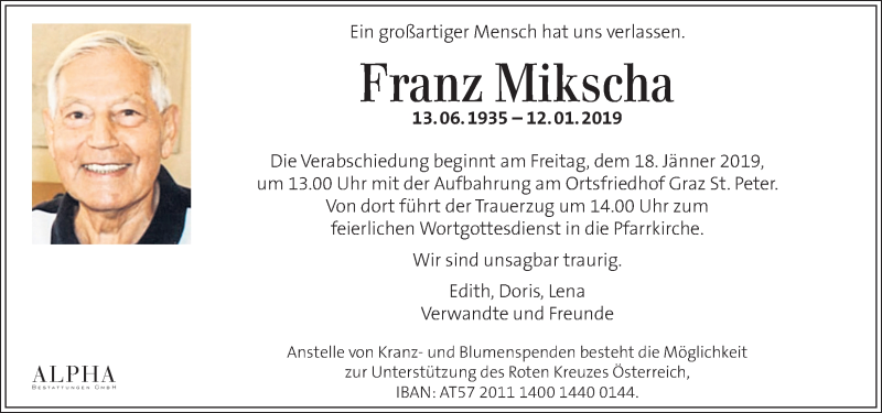  Traueranzeige für Franz Mikscha vom 16.01.2019 aus Kleine Zeitung