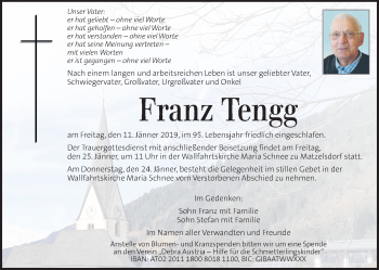 Traueranzeige von Franz Tengg von Kleine Zeitung