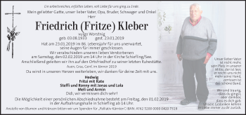 Traueranzeige von Friedrich Kleber von Kleine Zeitung