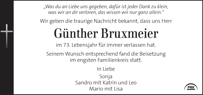  Traueranzeige für Günther Bruxmeier vom 20.01.2019 aus Kleine Zeitung