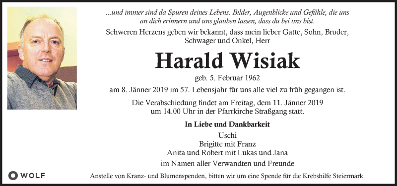  Traueranzeige für Harald Wisiak vom 10.01.2019 aus Kleine Zeitung