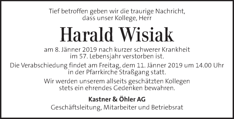  Traueranzeige für Harald Wisiak vom 11.01.2019 aus Kleine Zeitung