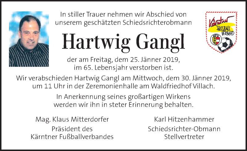  Traueranzeige für Hartwig Gangl vom 29.01.2019 aus Kleine Zeitung