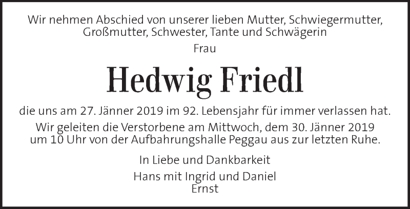  Traueranzeige für Hedwig Friedl vom 29.01.2019 aus Kleine Zeitung