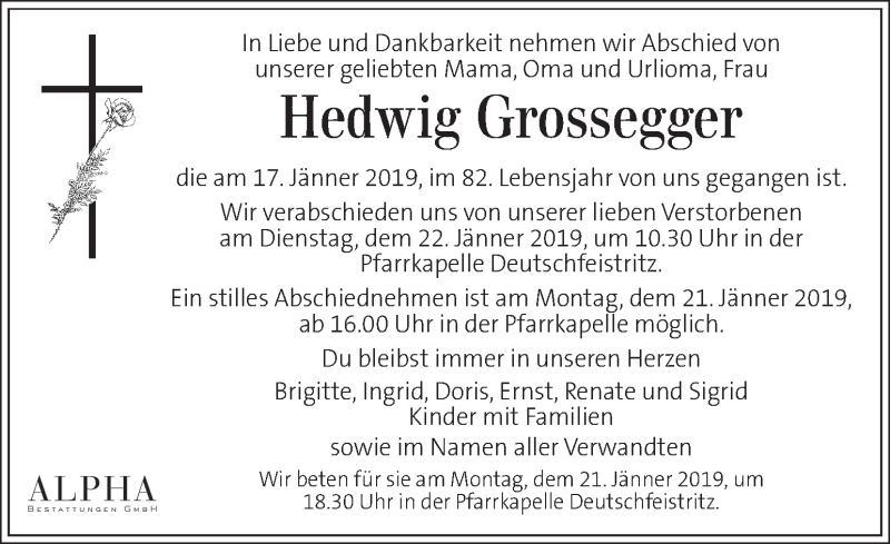  Traueranzeige für Hedwig Grossegger vom 19.01.2019 aus Kleine Zeitung