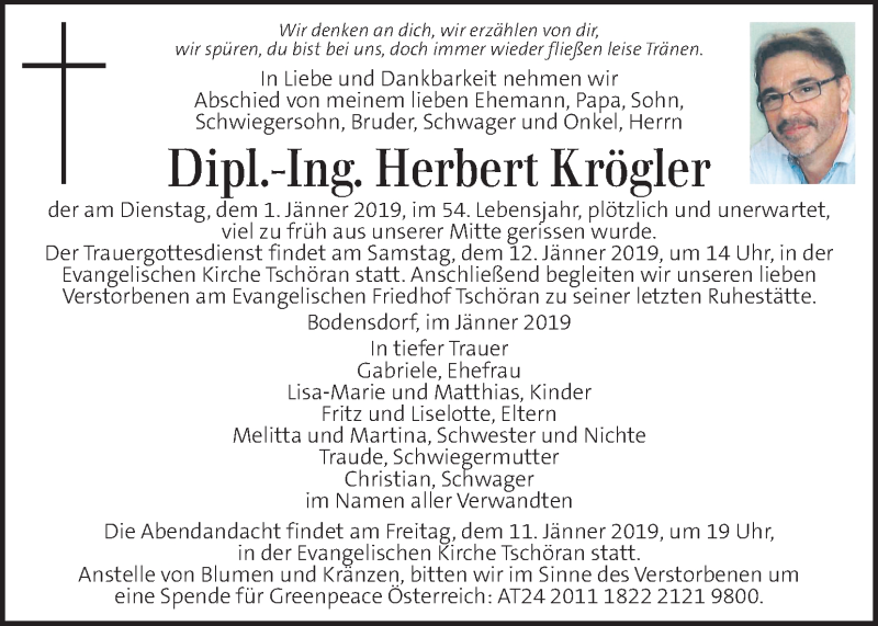  Traueranzeige für Herbert Krögler vom 08.01.2019 aus Kleine Zeitung