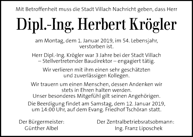  Traueranzeige für Herbert Krögler vom 04.01.2019 aus Kleine Zeitung