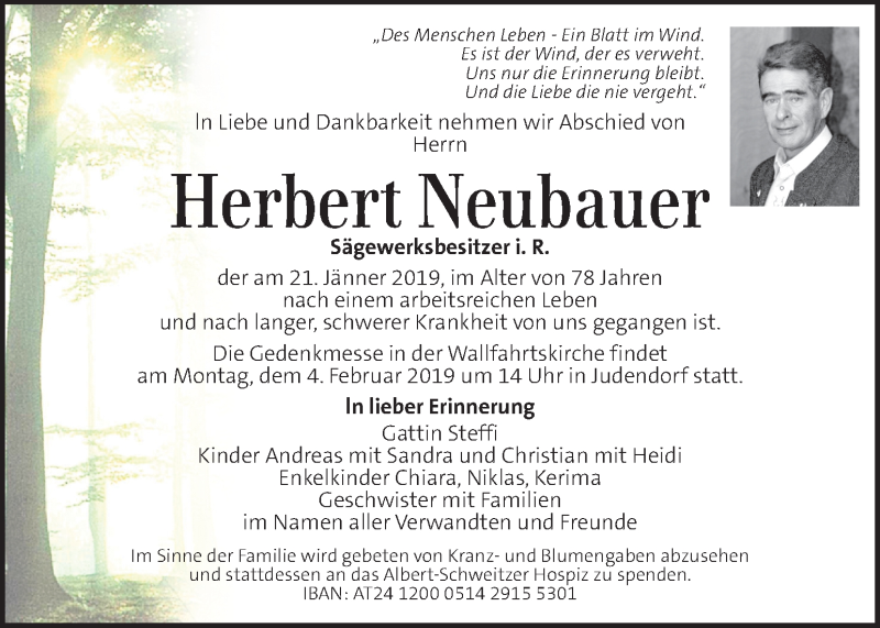  Traueranzeige für Herbert Neubauer vom 29.01.2019 aus Kleine Zeitung