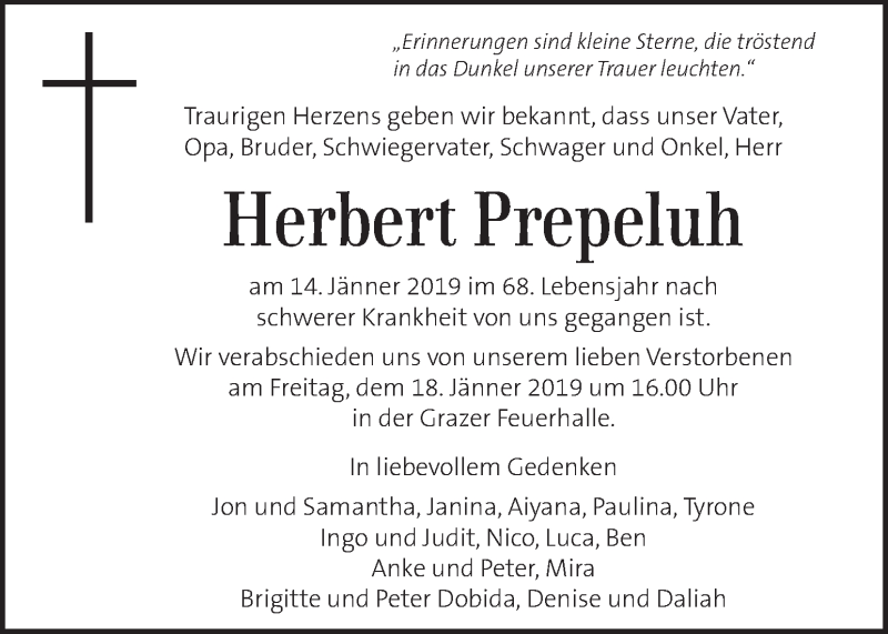  Traueranzeige für Herbert Prepeluh vom 17.01.2019 aus Kleine Zeitung