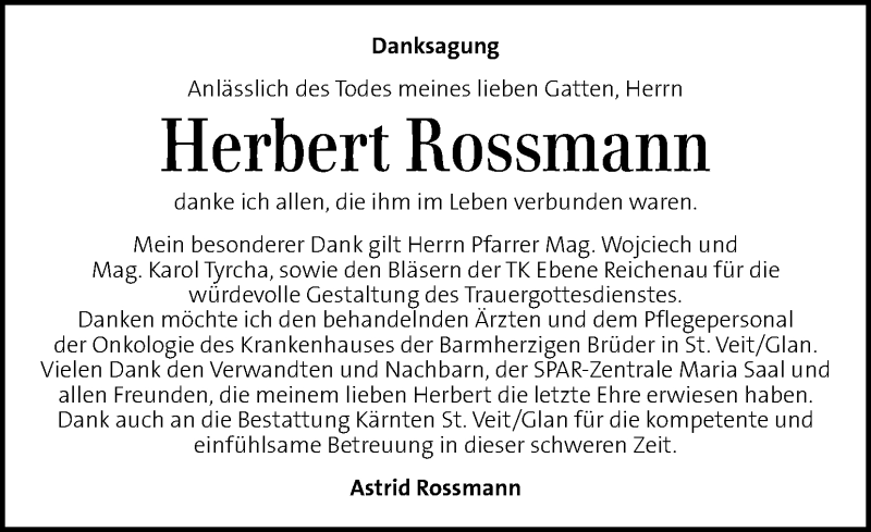 Traueranzeigen Von Herbert Rossmann Trauer Kleinezeitung At