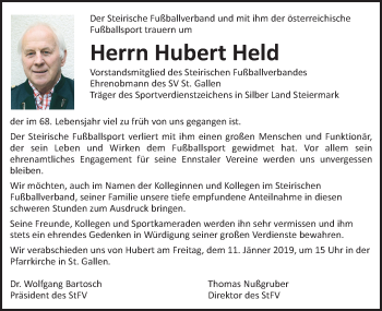 Traueranzeige von Hubert Held von Kleine Zeitung