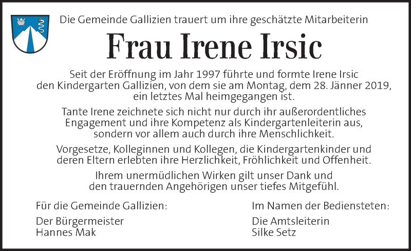  Traueranzeige für Irene Irsic vom 31.01.2019 aus Kleine Zeitung