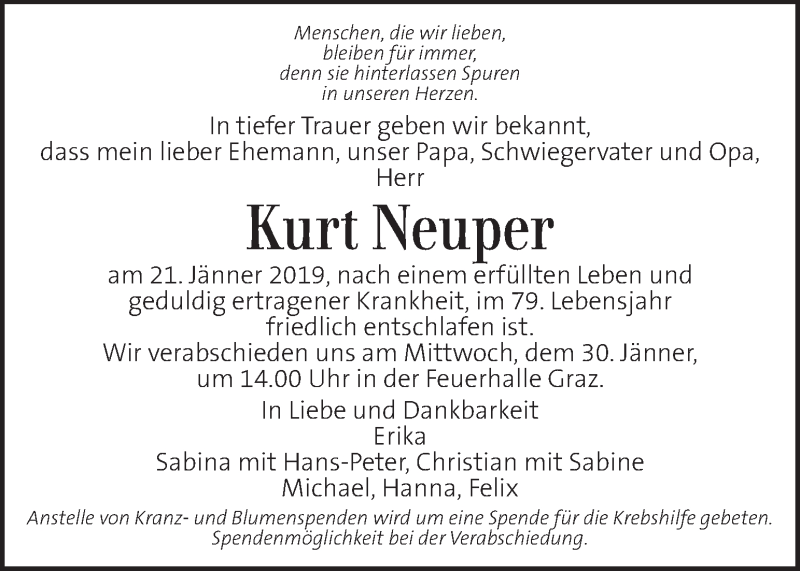  Traueranzeige für Kurt Neuper vom 29.01.2019 aus Kleine Zeitung