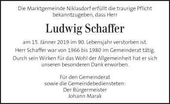 Traueranzeige von Ludwig Schaffer von Kleine Zeitung