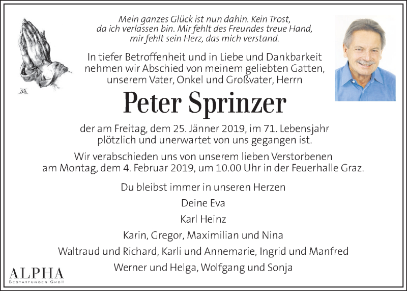  Traueranzeige für Peter Sprinzer vom 30.01.2019 aus Kleine Zeitung