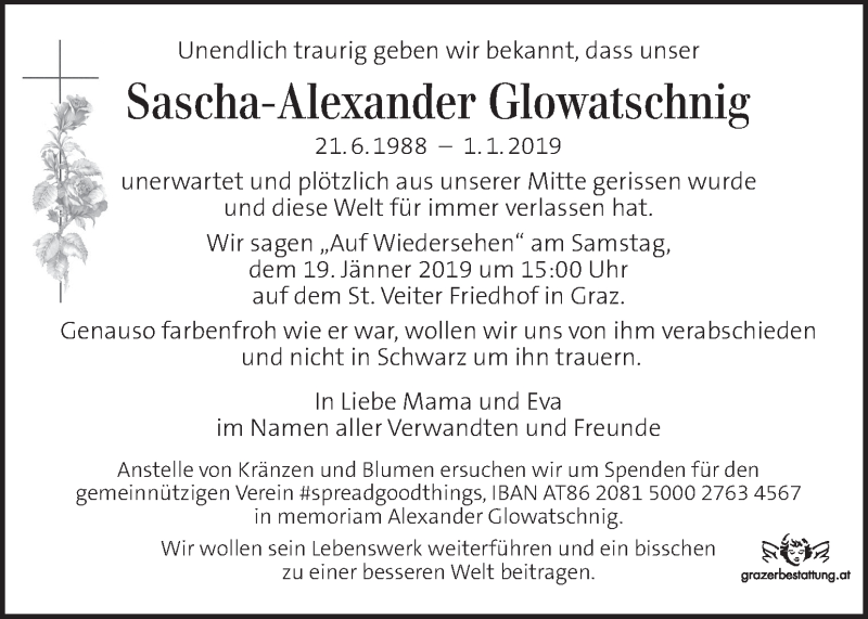  Traueranzeige für Sascha-Alexander Glowatschnig vom 16.01.2019 aus Kleine Zeitung