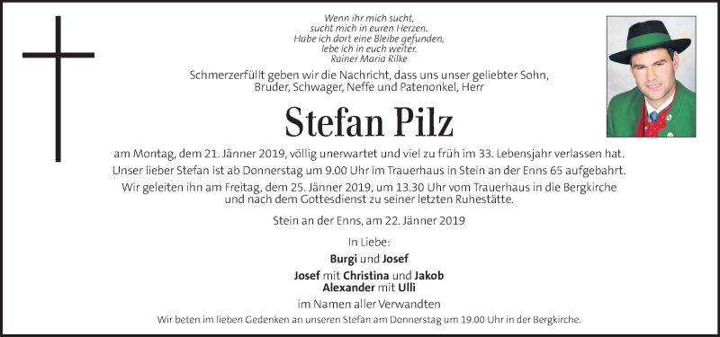  Traueranzeige für Stefan Pilz vom 24.01.2019 aus Kleine Zeitung