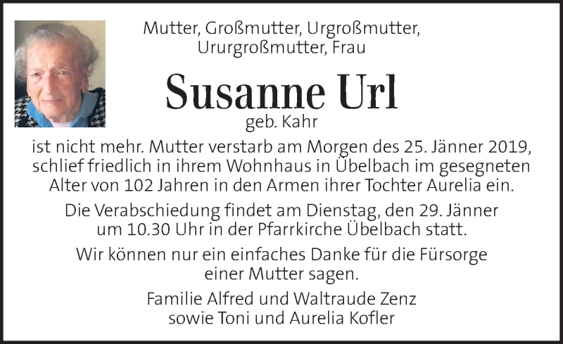  Traueranzeige für Susanne Url vom 29.01.2019 aus Kleine Zeitung