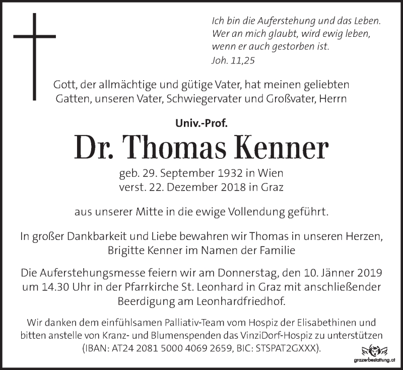  Traueranzeige für Thomas Kenner vom 04.01.2019 aus Kleine Zeitung