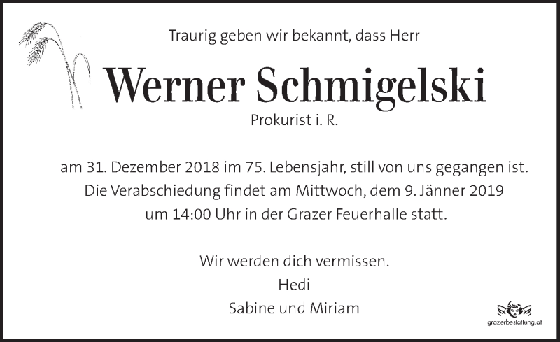  Traueranzeige für Werner Schmigelski vom 06.01.2019 aus Kleine Zeitung