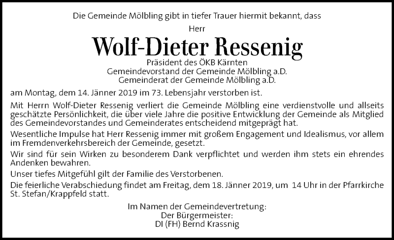  Traueranzeige für Wolf-Dieter Ressenig vom 17.01.2019 aus Kleine Zeitung