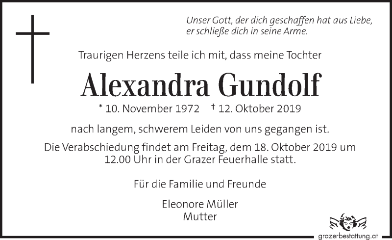  Traueranzeige für Alexandra Gundolf vom 16.10.2019 aus Kleine Zeitung