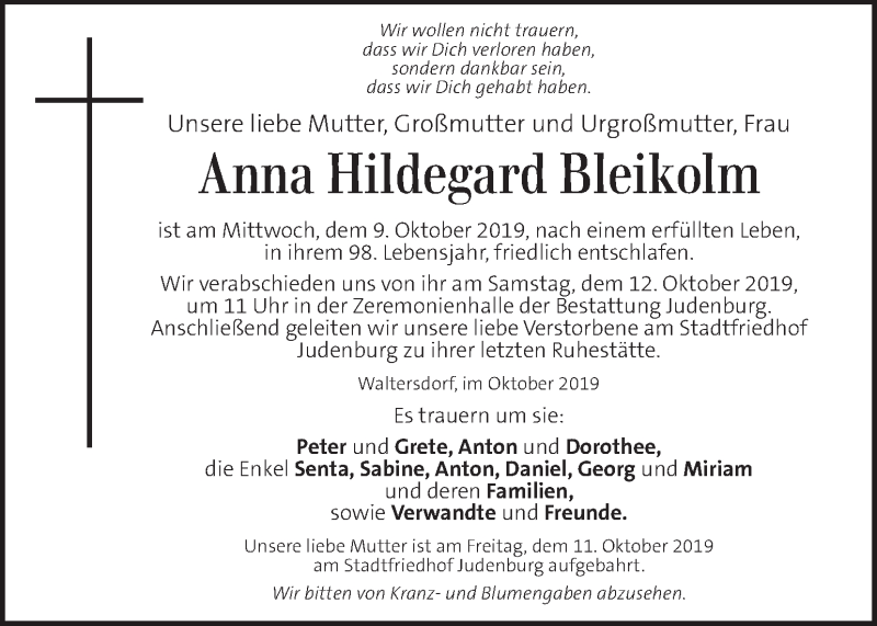  Traueranzeige für Anna Hildegard Bleikolm vom 12.10.2019 aus Kleine Zeitung