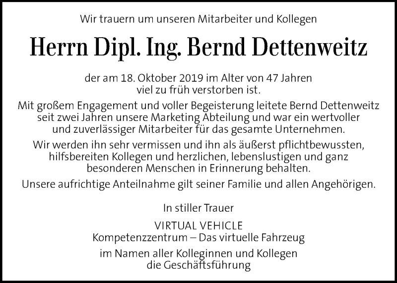  Traueranzeige für Bernd Dettenweitz vom 26.10.2019 aus Kleine Zeitung