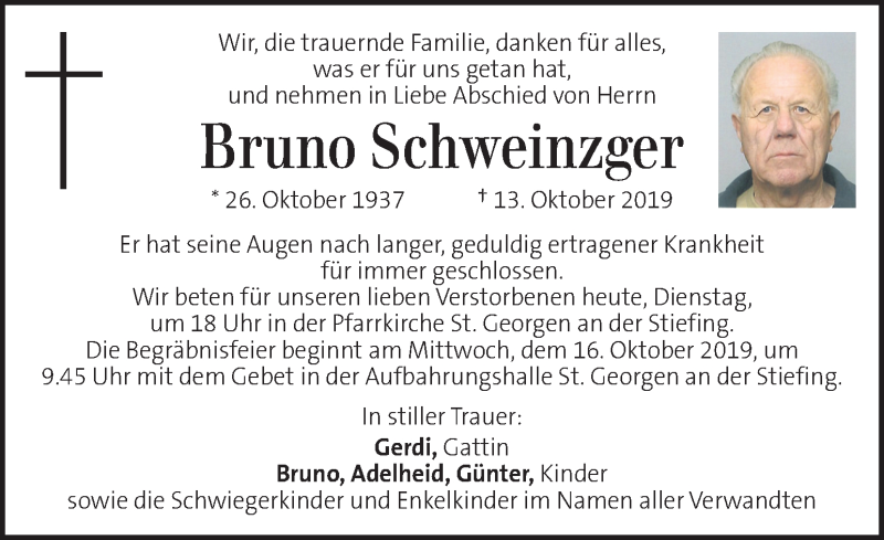  Traueranzeige für Bruno Schweinzger vom 15.10.2019 aus Kleine Zeitung