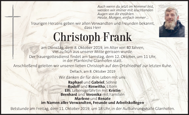  Traueranzeige für Christoph Frank vom 11.10.2019 aus Kleine Zeitung