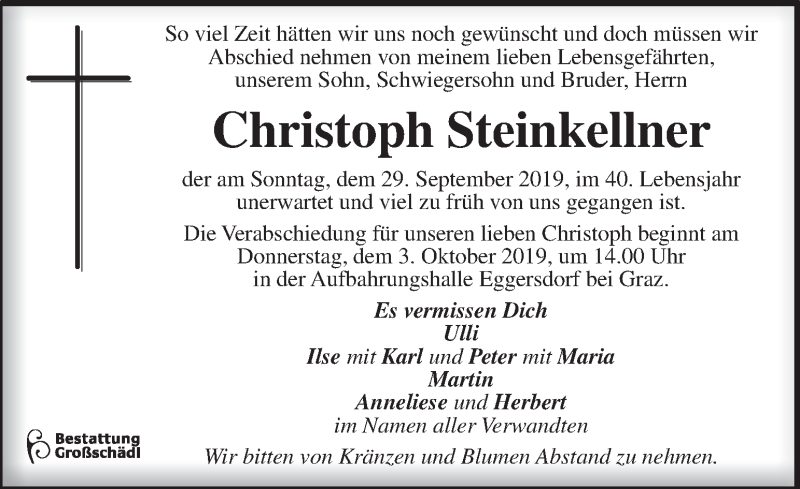  Traueranzeige für Christoph Steinkellner vom 02.10.2019 aus Kleine Zeitung
