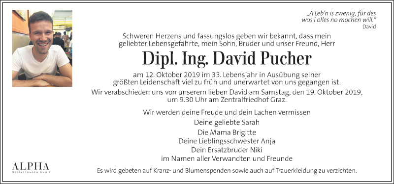  Traueranzeige für David Pucher vom 18.10.2019 aus Kleine Zeitung