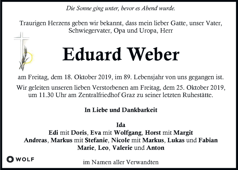  Traueranzeige für Eduard Weber vom 23.10.2019 aus Kleine Zeitung