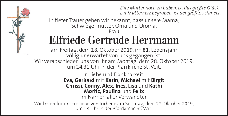  Traueranzeige für Elfriede Gertrude Herrmann vom 25.10.2019 aus Kleine Zeitung