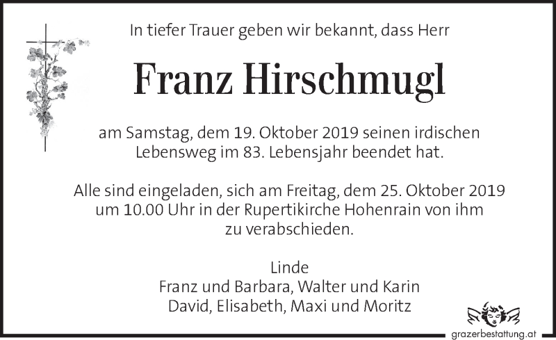  Traueranzeige für Franz Hirschmugl vom 23.10.2019 aus Kleine Zeitung