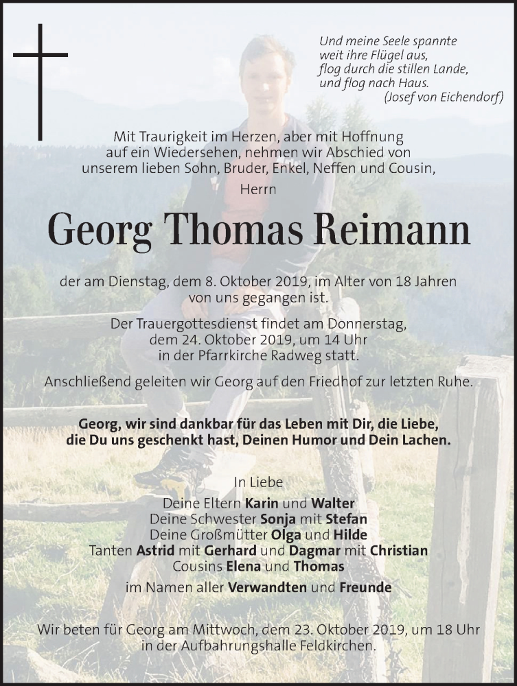  Traueranzeige für Georg Thomas Reimann vom 22.10.2019 aus Kleine Zeitung
