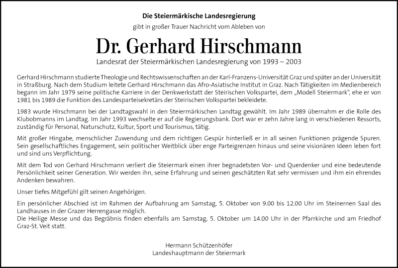 Traueranzeige für Gerhard Hirschmann vom 03.10.2019 aus Kleine Zeitung