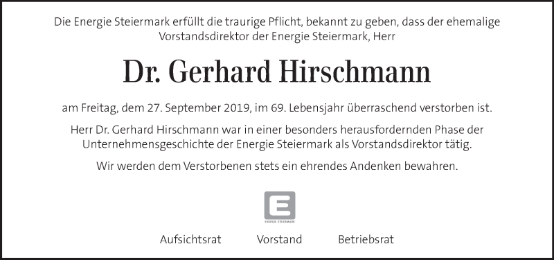  Traueranzeige für Gerhard Hirschmann vom 02.10.2019 aus Kleine Zeitung