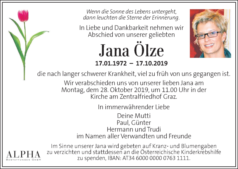 Traueranzeige für Jana Ölze vom 22.10.2019 aus Kleine Zeitung