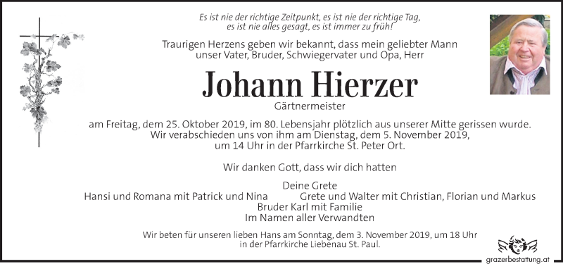  Traueranzeige für Johann Hierzer vom 31.10.2019 aus Kleine Zeitung