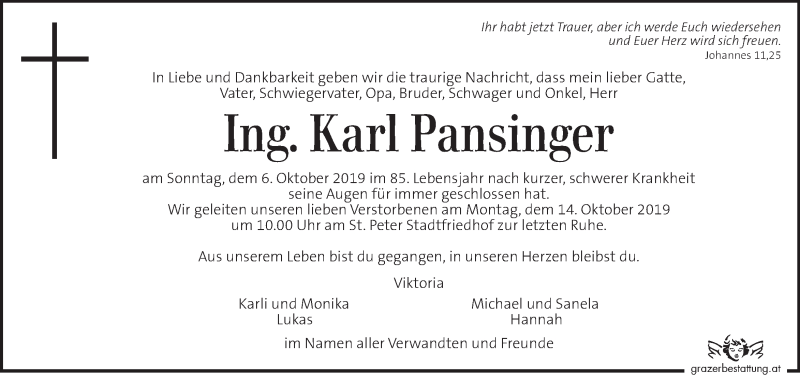  Traueranzeige für Karl Pansinger vom 10.10.2019 aus Kleine Zeitung