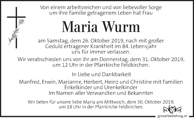  Traueranzeige für Maria Wurm vom 30.10.2019 aus Kleine Zeitung